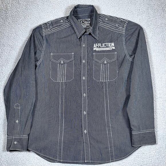 Affliction Button Down Long Sleeve Mens Large Grunge Streetwear Embroidered Gray - Picture 11 of 11